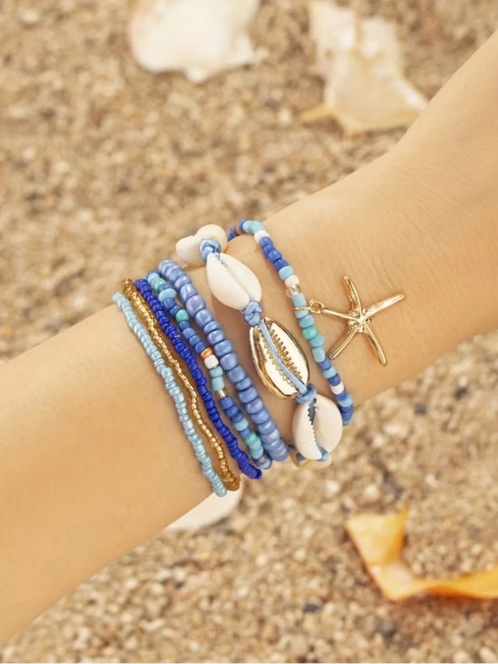 Gold Starfish & Blue Shell Bead Wrap Bracelet